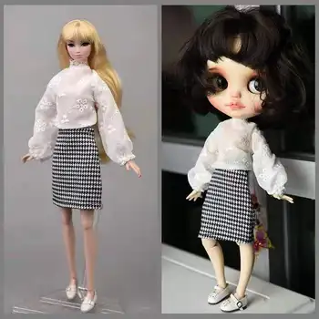 1/6 BJD Doll Drabužių Mados Ilgio Sluoksniuotos Rankovėmis Marškinėliai Topai Houndstooth Plaided Sijonas Barbie Lėlės Komplektus Blythe Žaislai 0