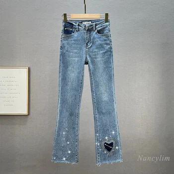 2022 m. Pavasario Vasaros kalnų krištolas Jeans moteriškos Kelnės Naujos Elastinga Aukštos Juosmens Slim Fit In Bootcut Kelnės Moterų Drabužiai