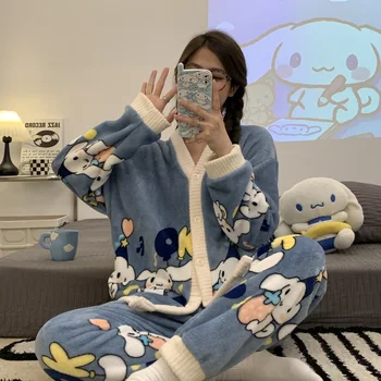 Sanrios Cinnamoroll Pajama Komplektai Kawaii Anime Cartoon Žiemą Šiltas Storio Trijų Sluoksnių Dygsniuotas Flanelė Ponios Pajama Rinkinys
